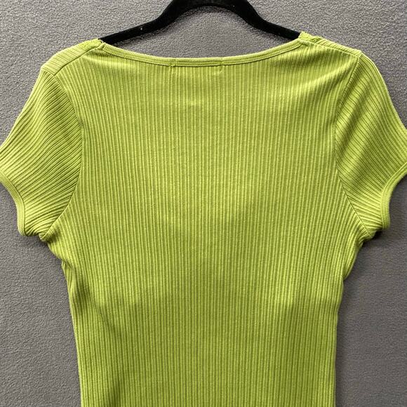Vtg Y2K 00s Babydoll Jersey Knit Ruched Lace V Neck Lettuce Hem Top 1X LimeGreen - Picture 4 of 9